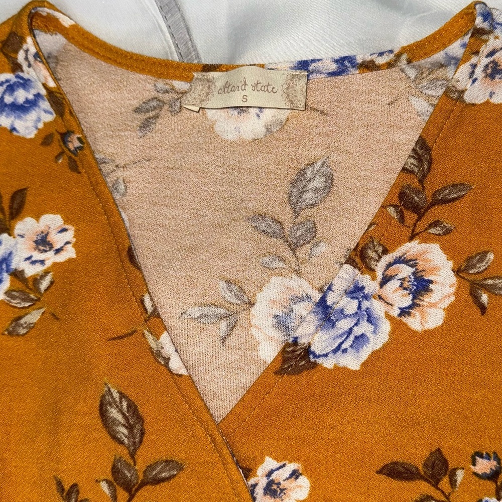 Altar’d State Mustard Yellow Floral Faux Wrap Midi Dress size small - Picture 6 of 8